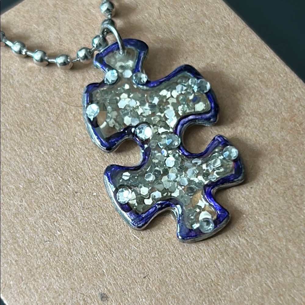 Autism Silver Glitter Puzzle Piece Pendant w/Free Necklace